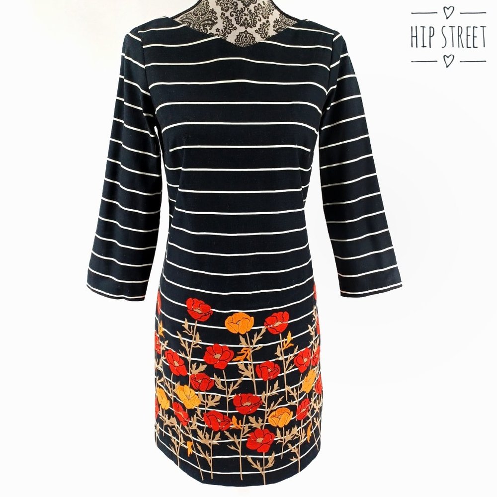 LANDS' END Dress 3/4 Sleeve Embroidered Poppy Linen Weave Stretch Cotton 4